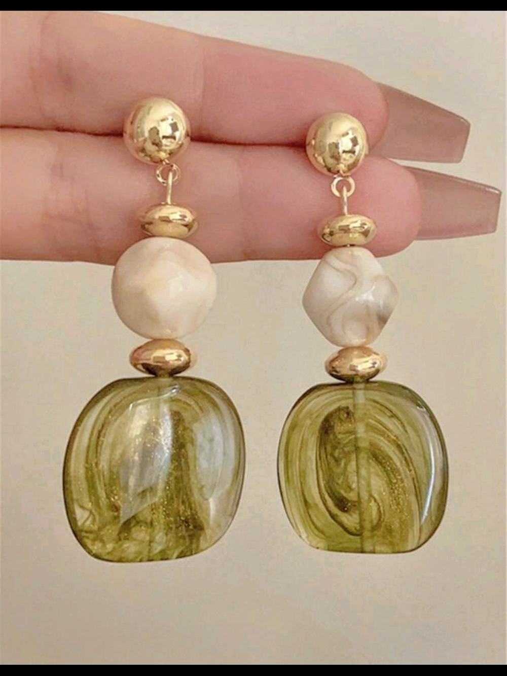 Gold-Accent Glass Drop Earrings with Cream Bead.